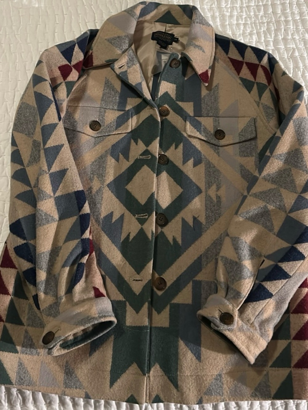 Pendleton Geometric Aztec Wool Jacket in Cream, Teal & Navy